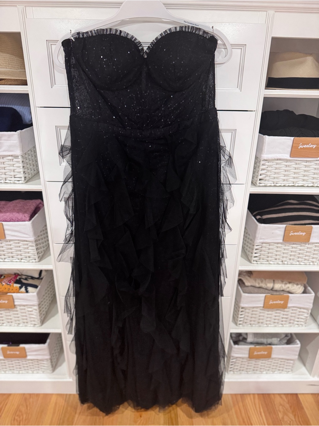 Strapless Black Ruffled Tulle Evening Dress